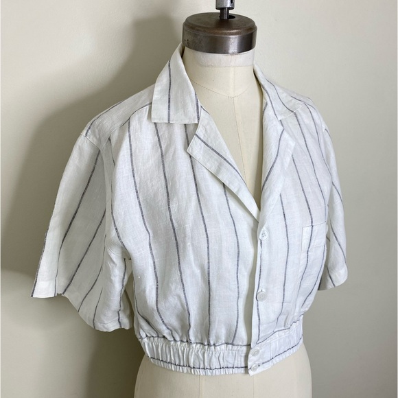 VINTAGE DAVID MICHAELS 100%LINEN WHITE/ BLACK PINSTRIPE BUTTON DOWN CROP BLOUSE - Picture 4 of 13